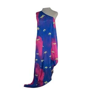 CHAOUICHE One Shoulder Maxi Dress Cobalt Pink Bird Print Ombre Designer NWT S
